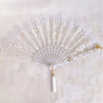 DecorBites™ Elegant Gemstone Handle Lace Fan for Dark Gothic Court Party