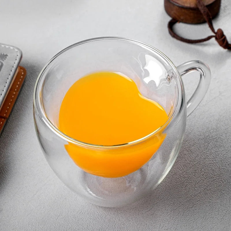 DecorBites™ Heart-Shaped Glass Coffee Cup - Double Bottom Glass Mug for Drinks