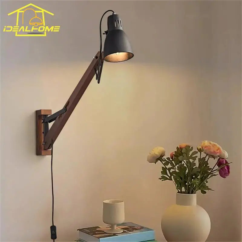 Lámpara de pared DecorBites™ LED de brazo articulado y poste largo, madera maciza, ajustable, diseño industrial