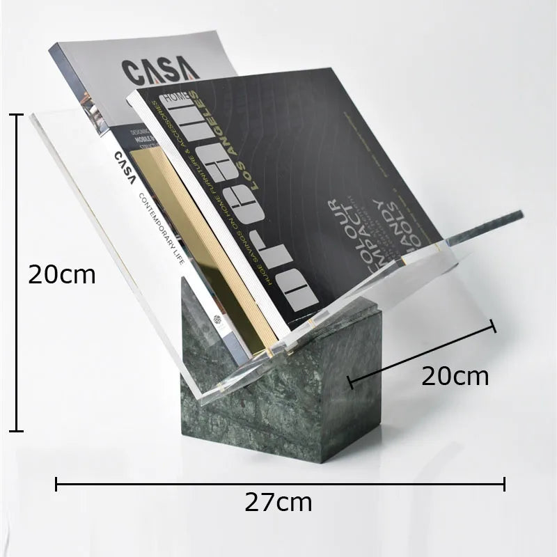 رف كتب أكريليك من DecorBites™، منظم بقاعدة رخامية، ديكور منزلي عصري، حامل مجلات