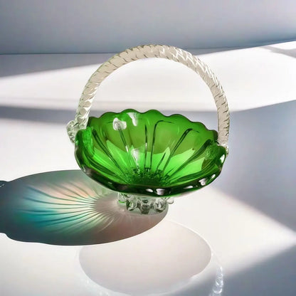 DecorBites™ Crystal Handle Fruit Basket Glass Tray for Coffee Table, Elegant Living Room Decor