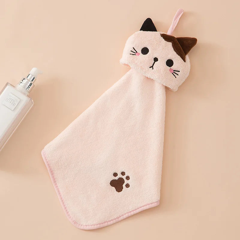 DecorBites™ Cartoon Cat Hand Towel: Thick Coral Velvet Towel for Kitchen & Bathroom