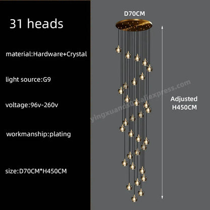 DecorBites™ Black & Gold Crystal Chandelier LED Pendant Light Fixture Loft Staircase Lighting