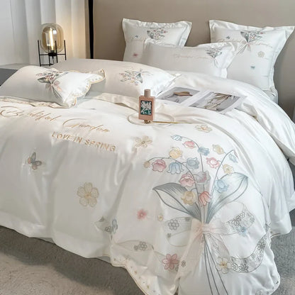 DecorBites™ Chic Flowers Embroidery Princess Bedding Set - 100% Egyptian Cotton - Duvet Cover, Sheet, Pillowcases