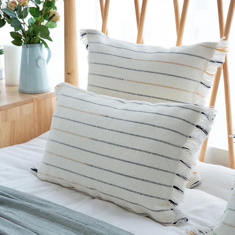 DecorBites™ Handmade Cotton Woven Cushion Tassels - Ivory Black Yellow Stripe Home Decor