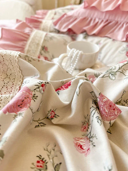 Decobites Pink Rose Floral Pleat Lace Ruffles 100% Cotton Bedding Set - Various Bed Sizes