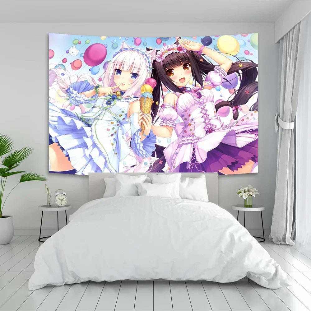 Decobites Nekoparas Wall Tapestry: Kawaii Pink Room Banner for Girls' Dormitory