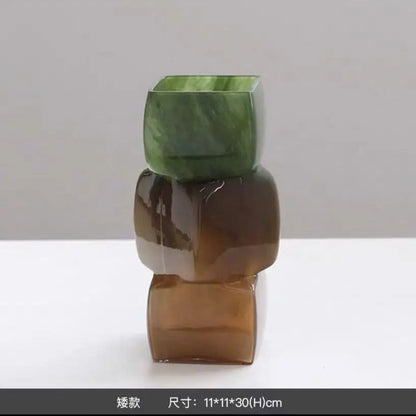 طاولة مزهرية مربعة هندسية من DecorBites™، ديكور زجاجي ناعم لطاولة تلفزيون الفندق