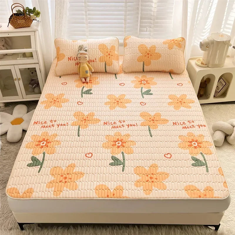 DecorBites™ Cartoon Print Silky Mattress Set: 4-Layer Quilted Breathable Cushion