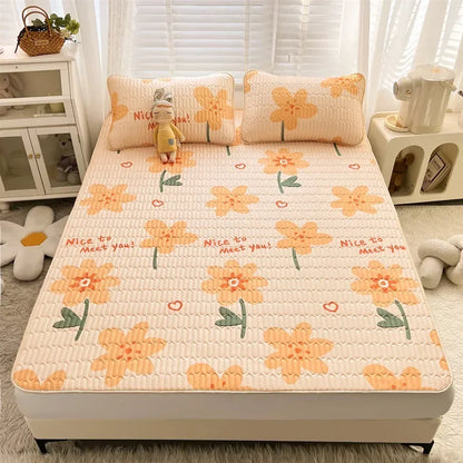 DecorBites™ Cartoon Print Silky Mattress Set: 4-Layer Quilted Breathable Cushion
