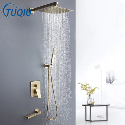 DecorBites™ Brushed Gold In-Wall Shower Set with Rainfall Shower Head 8-12"