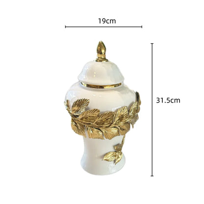 DecorBites™ Golden Leaves Ceramic Flower Vase with Hand-embossed Flowers for Flower Arrangement