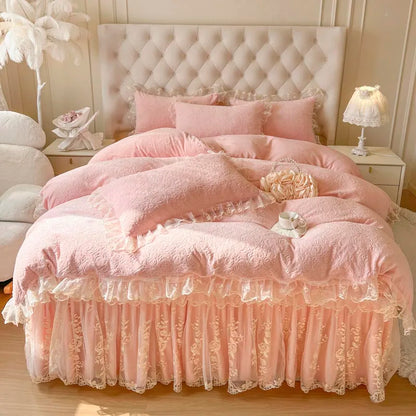 DecorBites™ Lace Princess Bedding Set with Velvet Bed Skirt & Quilt Cover