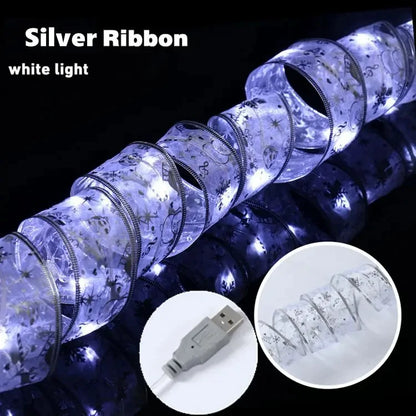 Christmas Ribbon Fairy Light String Merry Christmas Decorations For Home 2024 Xmas Tree Ornament Xmas Navidad Gift New Year 2025