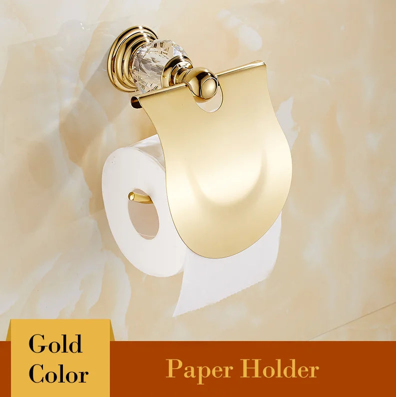 DecorBites™ Brass & Crystal Bathroom Set: Towel Rack, Towel Bar, Paper Holder, Soap Dish