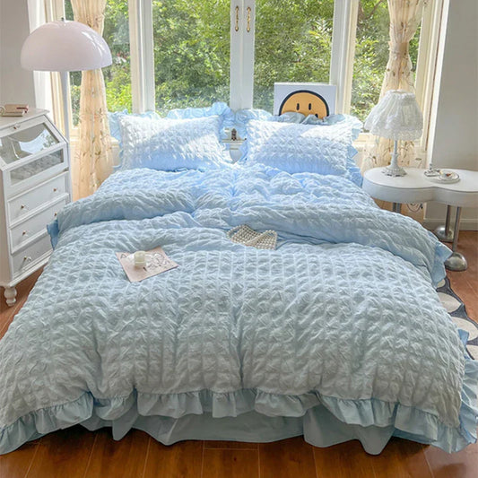 DecorBites™ Korean Princess Soft Bedding Set, Wash Cotton Solid Color Duvet Cover Collection