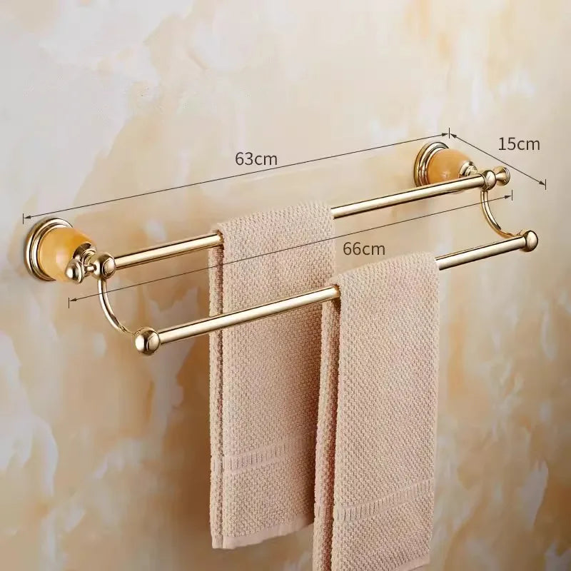 DecorBites™ Brass Jade Bathroom Accessories Set: Towel Bar, Soap Holder, Towel Rack, Glass Shelf