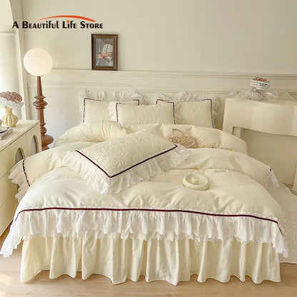 Decobites Lace Ruffles Bedding Set: 4pcs Solid Color Princess Quilt Cover, Bed Skirt, 100% Cotton Pillowcase