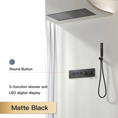 Luxury  black brass shower system wall-mounted LED digital display design Cold & hot dual-control 4-function ceiling shower Tap