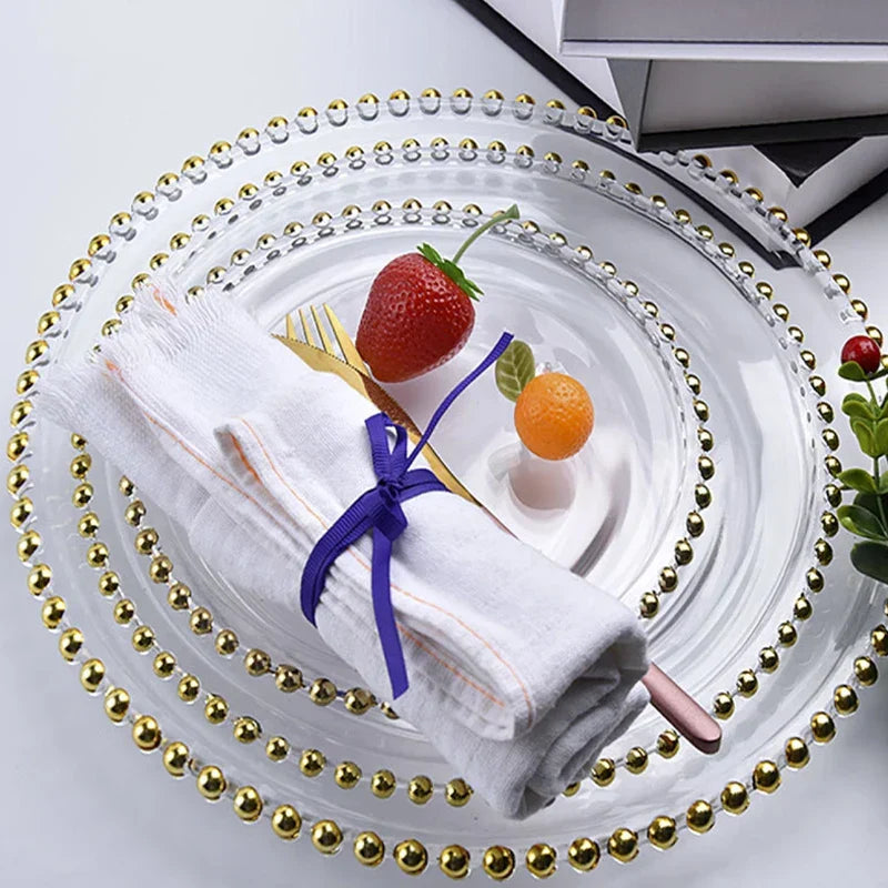 Plato de Vidrio con Bolitas de Oro Decorbites™, Plato Grande Redondo para Frutas en Comidas Elegantes