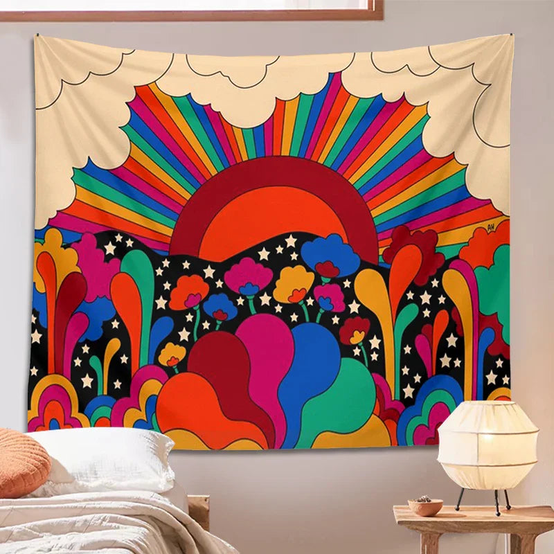 Decobites Retro Floral Sun Rainbow Tapestry Wall Hanging - Psychedelic Vintage Dorm Decor