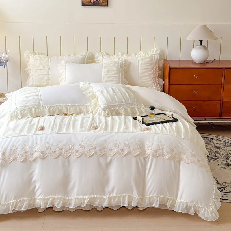DecorBites™ Lace Luxury Bed Skirt Set: Silky Solid Color Bedclothes Single Double Bedspread
