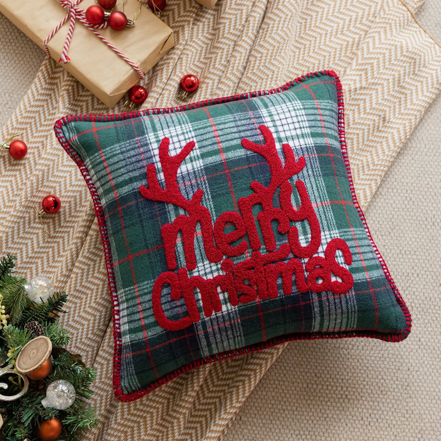 DecorBites™ Buffalo Check Snowflake Jingle Bell Pillow Case | Retro Christmas Decoration