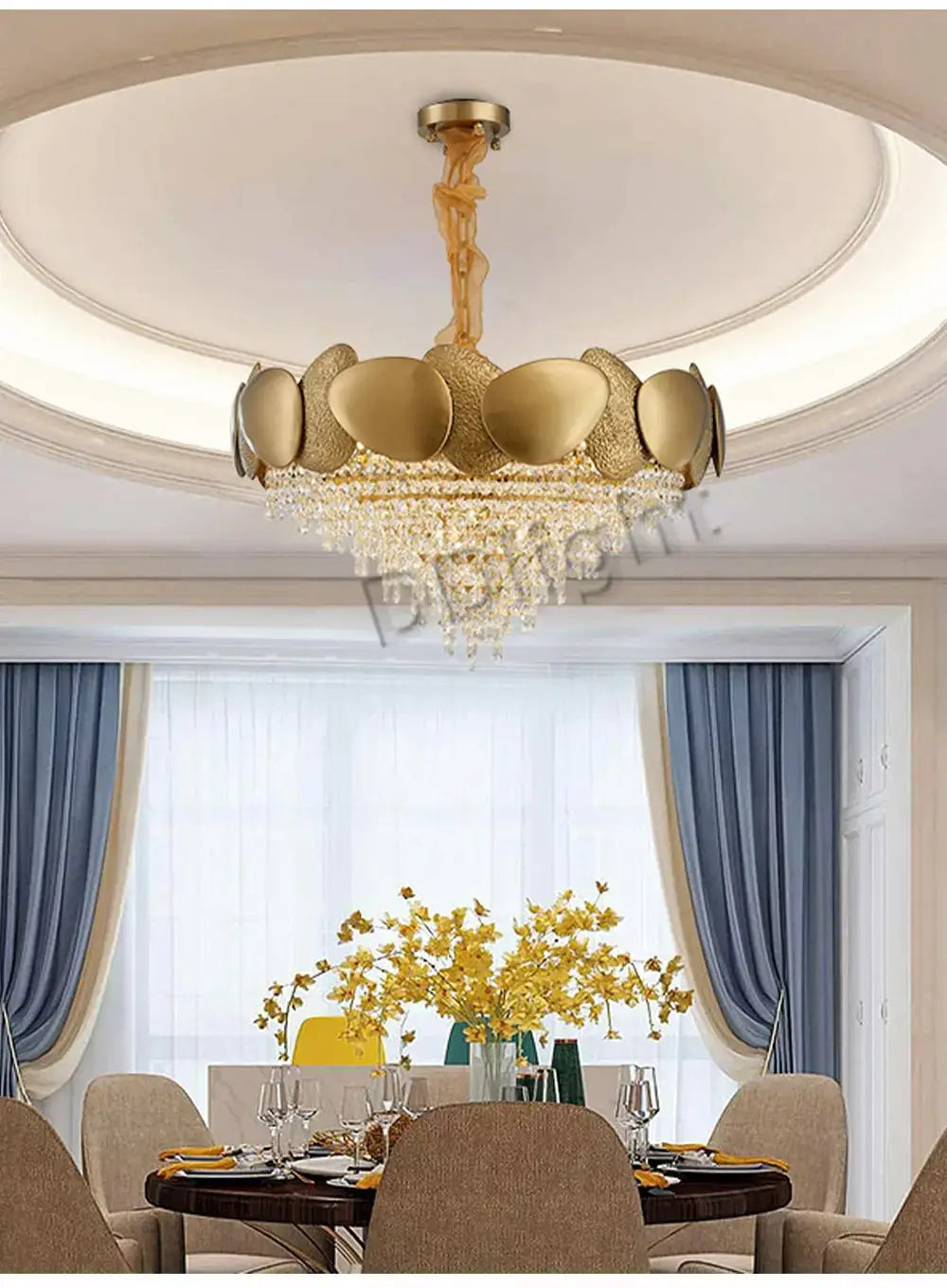 Luxury gold crystal led ceiling chandelier featuring a sculptural petal-like design with cascading crystal droplets for living room illumination.