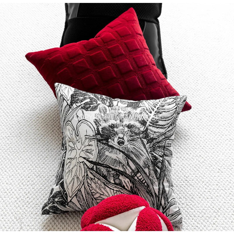 DecorBites™ Jungle Plant Raccoon Embroidered Throw Pillow Cover for Couch Sofa Bed