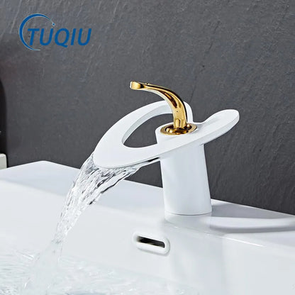 DecorBites™ Golden/White & Black Waterfall Basin Faucet - Brass Sink Mixer Tap - Hot & Cold