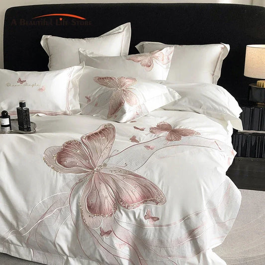 Decobites White Luxury Butterfly Embroidery Bedding Set - Queen King Size