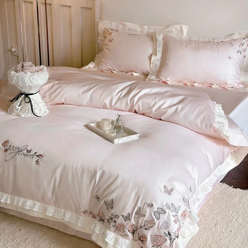 Decobites Pink Butterfly Flowers Embroidered Lace Bedding Set - 1000TC Egyptian Cotton