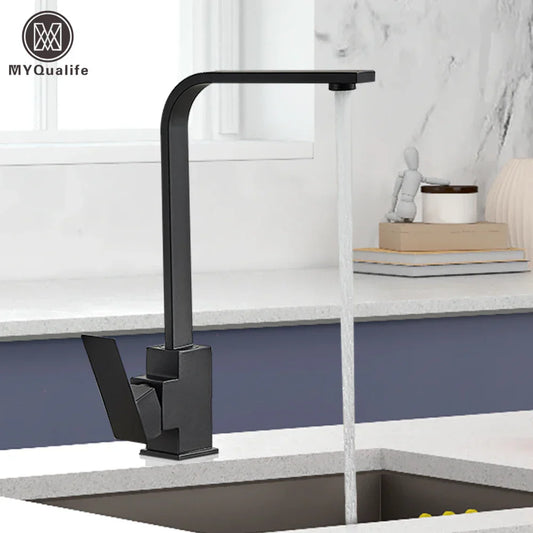 DecorBites™ Black Square Kitchen Faucet: Chorme/Gold Hot Cold Mixer Tap 360° Rotation