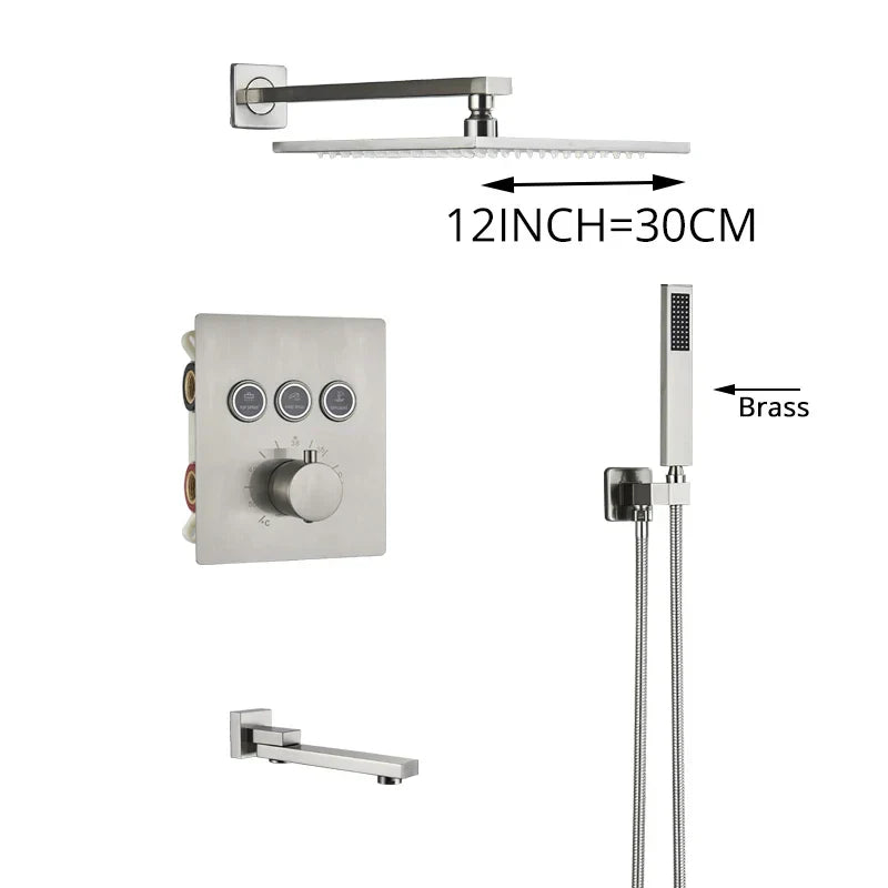 DecorBites™ Brushed Nickel Thermostatic Shower Faucet Set for Wall Mount Bathroom with Rainfall Shower Head