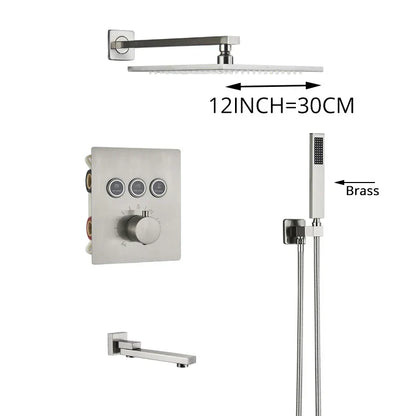 DecorBites™ Brushed Nickel Thermostatic Shower Faucet Set for Wall Mount Bathroom with Rainfall Shower Head