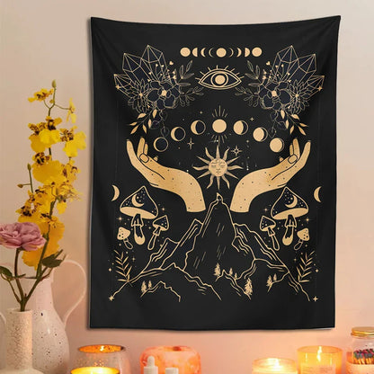 Moon Phase Magic Mushrooms Tapestry Wall Hanging by Decobites - Hippie Witchcraft Home Decor