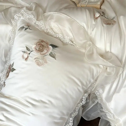 Decobites Rose Flowers Embroidery Lace Ruffles Wedding Bedding Set, 1000TC Egyptian Cotton