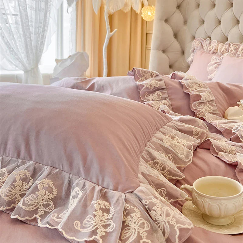 Decobites Korean Princess Lace Ruffles Bedding Set in Bean Paste Pink