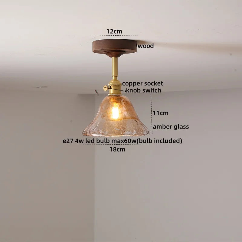 Green Glass Ceiling Lamp Copper Wood Accent