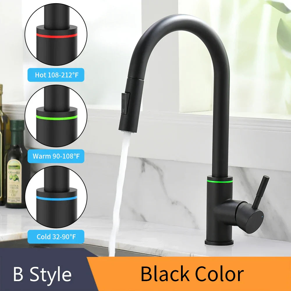 DecorBites™ Black Brass LED Kitchen Faucet, Single Handle Hot&Cold Water Mix Tap