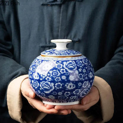 DecorBites™ Blue White Porcelain Tea Canister Organizer Box Coffee Container Caddy Jar