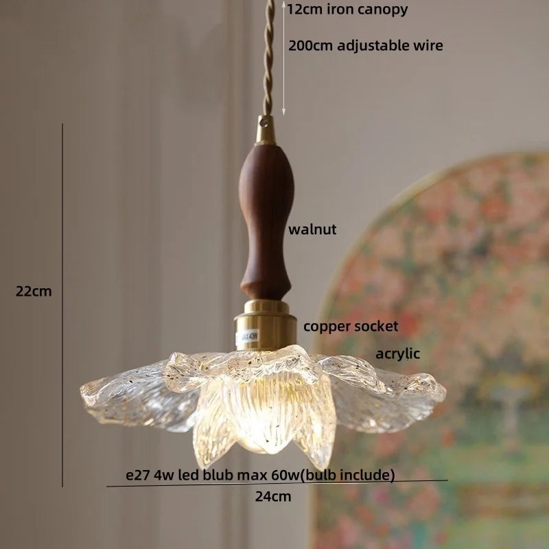 DecorBites™ Acrylic LED Pendant Light: Copper Walnut Wood Flower Hang Lamp