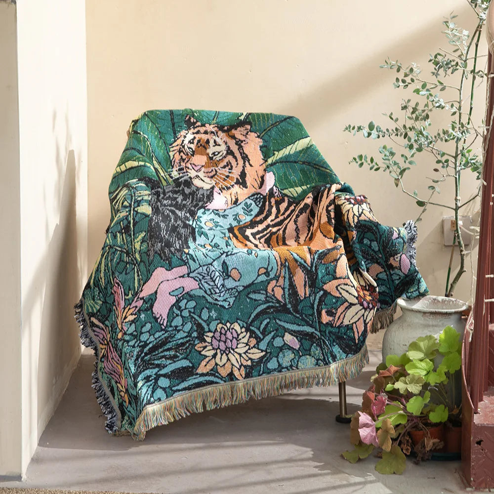 DecorBites™ 3D Print Tiger Linen Blanket: Soft Warm Throw & Tapestry