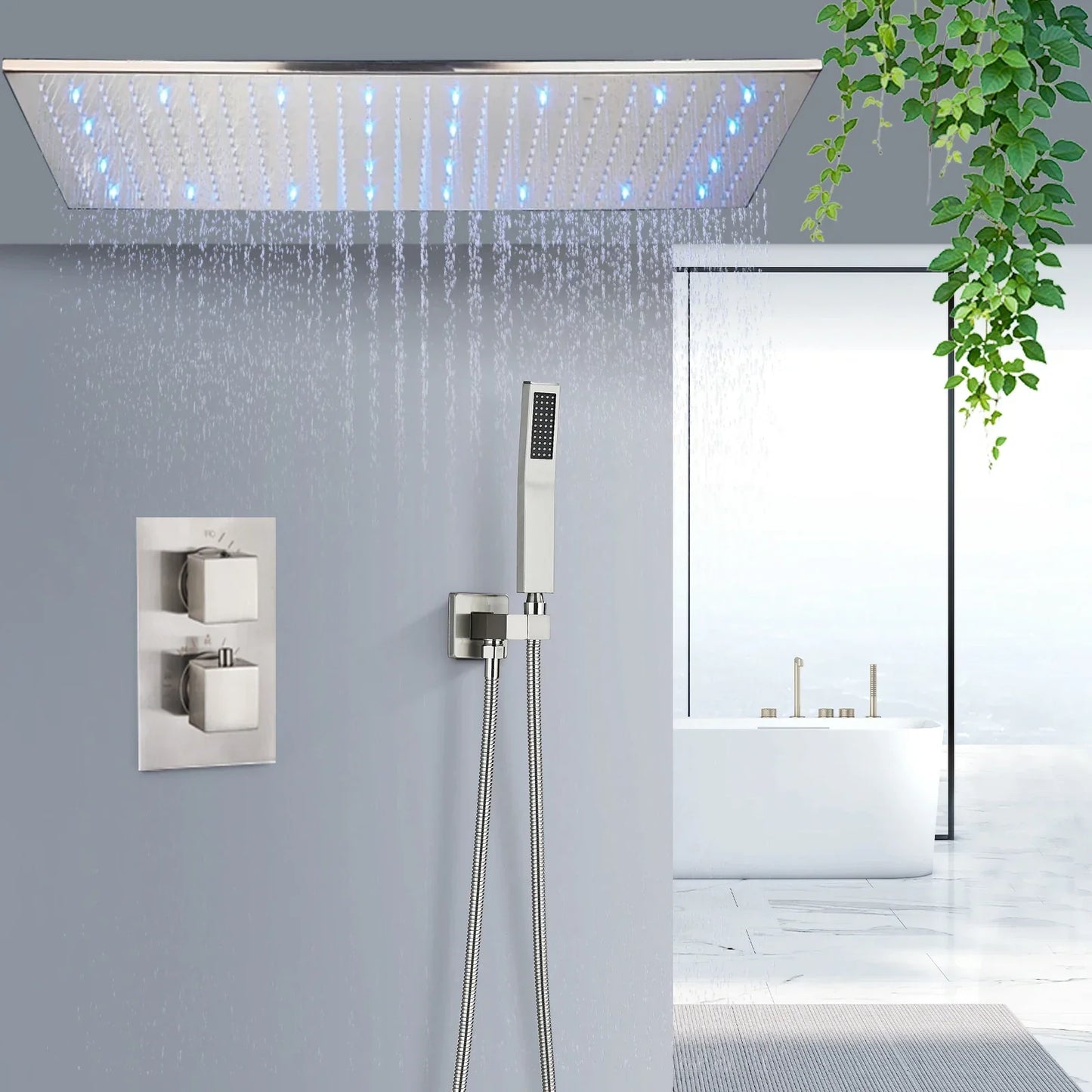 Juego de grifería termostática para ducha DecorBites™ con luz LED en oro cepillado y cabezal de ducha tipo lluvia para techo