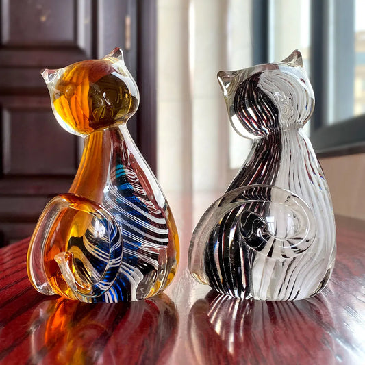 DecorBites™ Hand Blown Glass Cat Figurine, Modern Art Crystal Sculpture, Cute Ornament