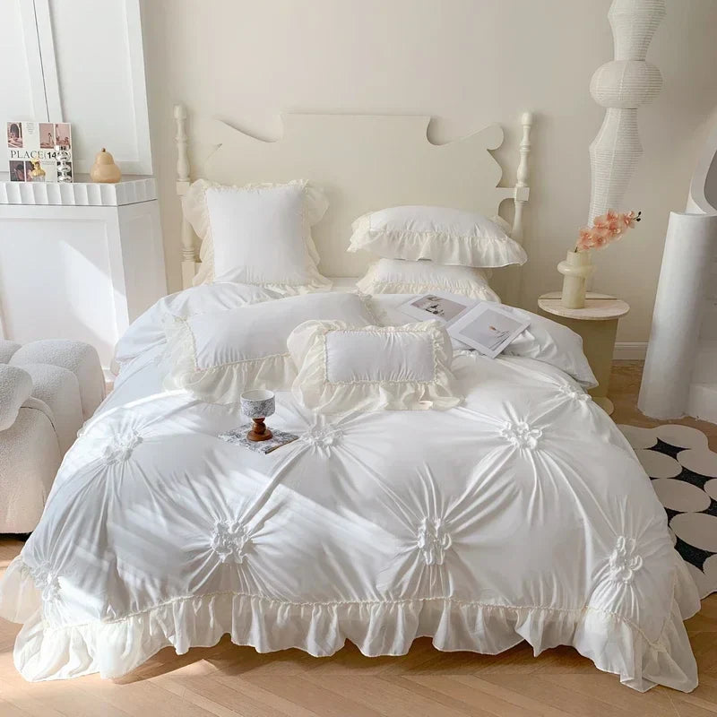DecorBites™ Lace Princess Bedding Set: Romantic Ruffles & Bow Duvet Cover, Sheet, Pillowcases
