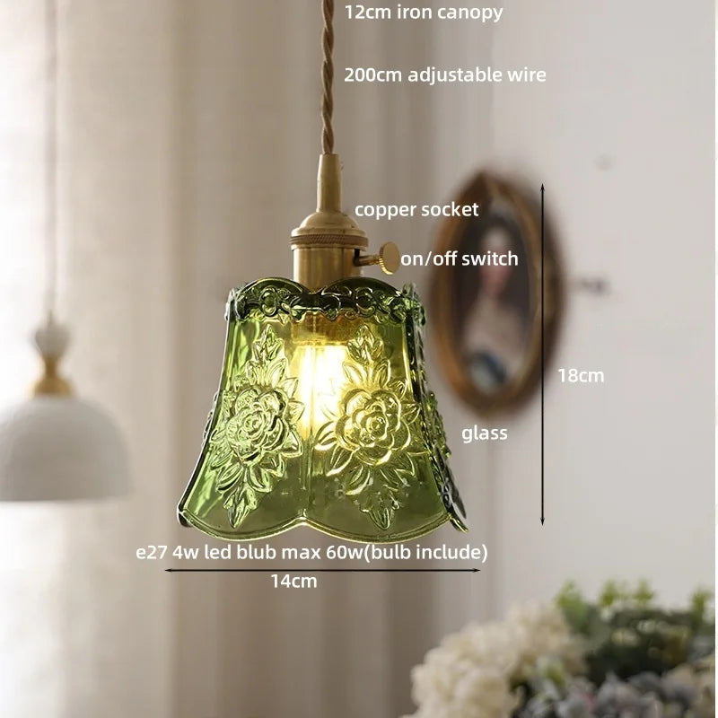 DecorBites™ Green Glass LED Pendant Lamp | Modern Nordic Wood Walnut | Brass Knob Switch | Hanging Light
