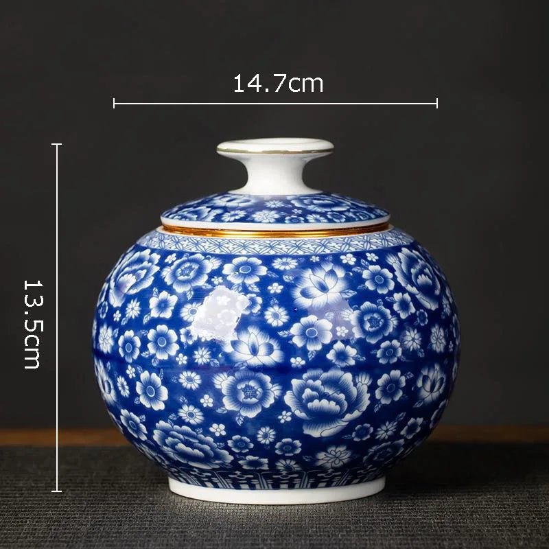 DecorBites™ Blue White Porcelain Tea Canister Organizer Box Coffee Container Caddy Jar
