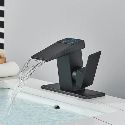 Grifo de lavabo DecorBites™ de latón con efecto cascada y pantalla de temperatura
