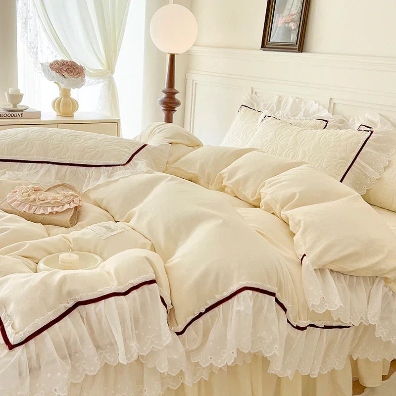 Decobites Lace Ruffles Bedding Set: 4pcs Solid Color Princess Quilt Cover, Bed Skirt, 100% Cotton Pillowcase